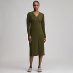 Women's Long-Sleeve Button Front Ribbed Knit Midi Dress