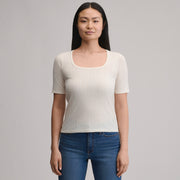 Women's Short-Sleeve Pointelle Square-Neck Crew - Ivory