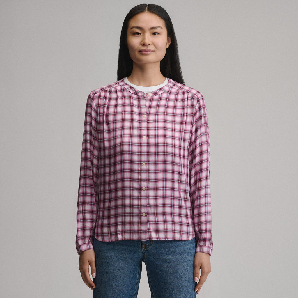Women's Long-Sleeve Collarless Drapey Plaid Button-Down Shirt