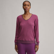 Women's Long-Sleeve V-Neck Boyfriend Thermal Crew - Striped - Meridian Blue