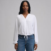 Women's Long-Sleeve Button Front Drawstring Hem Top - White