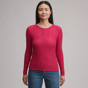 Women's Long-Sleeve Ring Snap Brushed Henley - Dark Pink