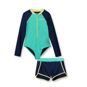 Girls Sea Spray Ls One Piece & Short Set - AQUAMARINE