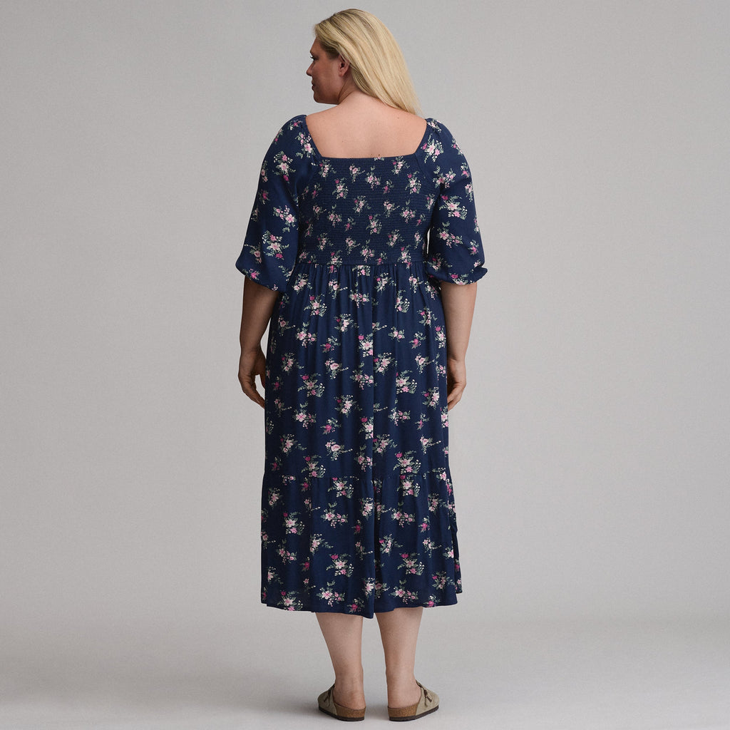 Women's Printed 3/4 Sleeve Smocked Bodice Dress