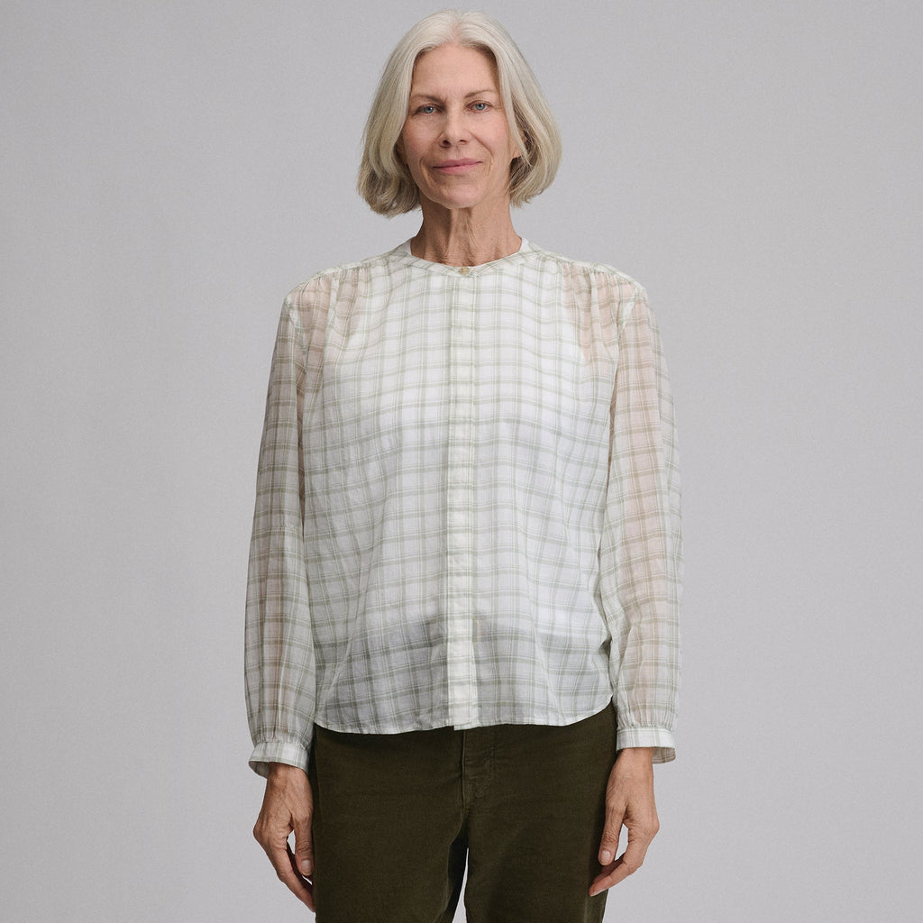 Women's Long-Sleeve Collarless Button-Down Shirt
