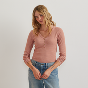 Women's Long-Sleeve Ribbed Henley T-Shirt - Stripe - Lt Berry